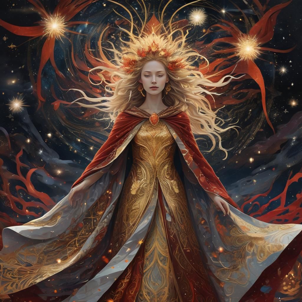 Cosmic Woman Surrounded by Fire and Ice