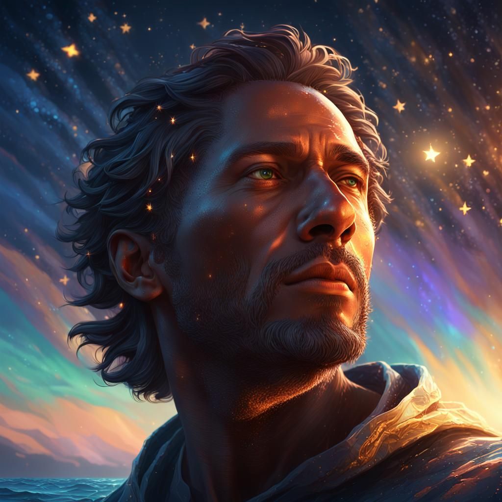 Serene Portrait with Starry Sky, Fantasy Realism