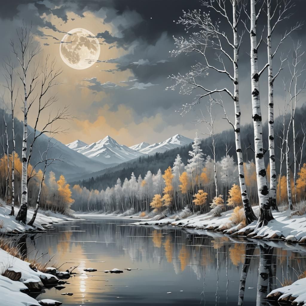 Frosty Winter Nightscape with Mountain Birch Forest