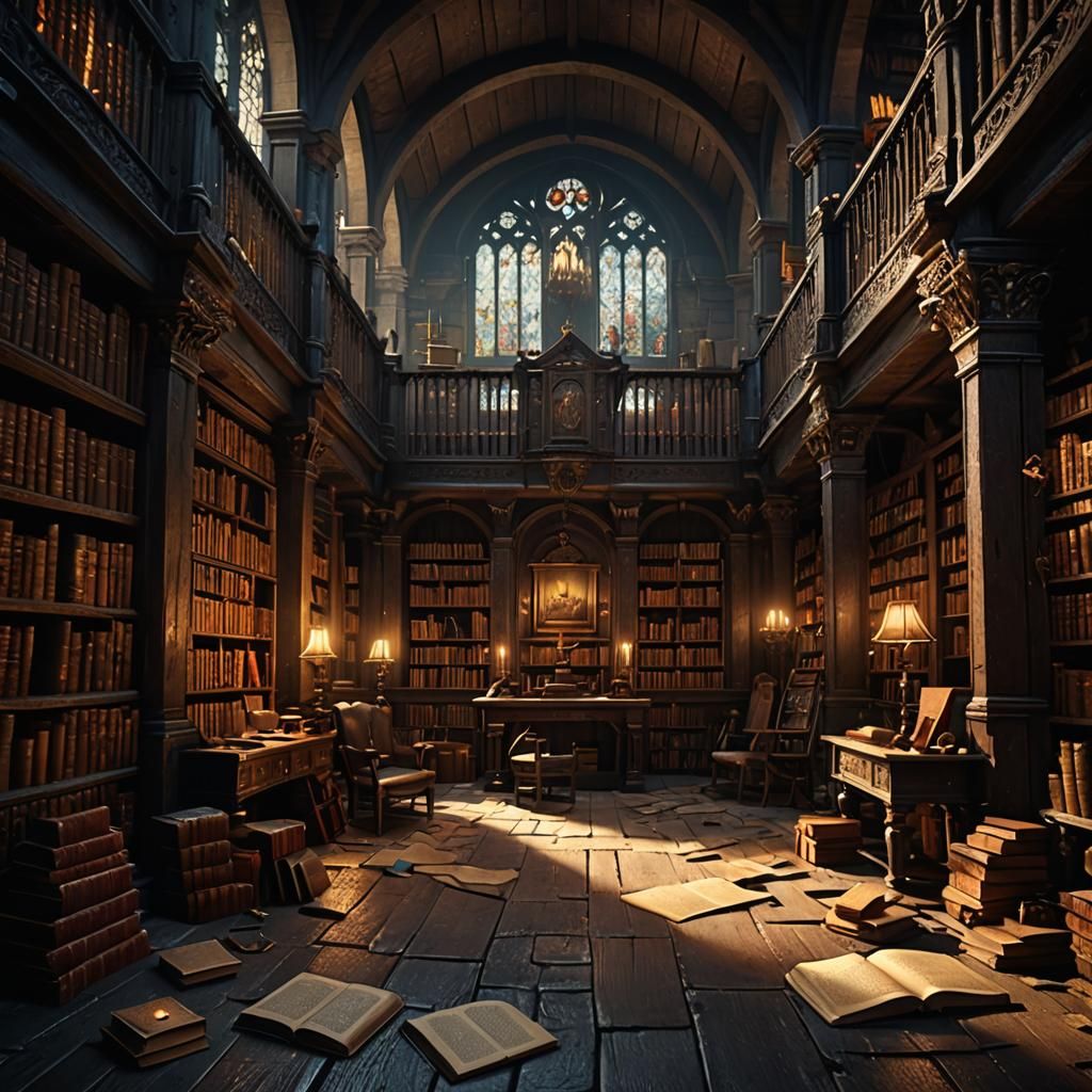 Atmospheric Medieval Library with Artifacts