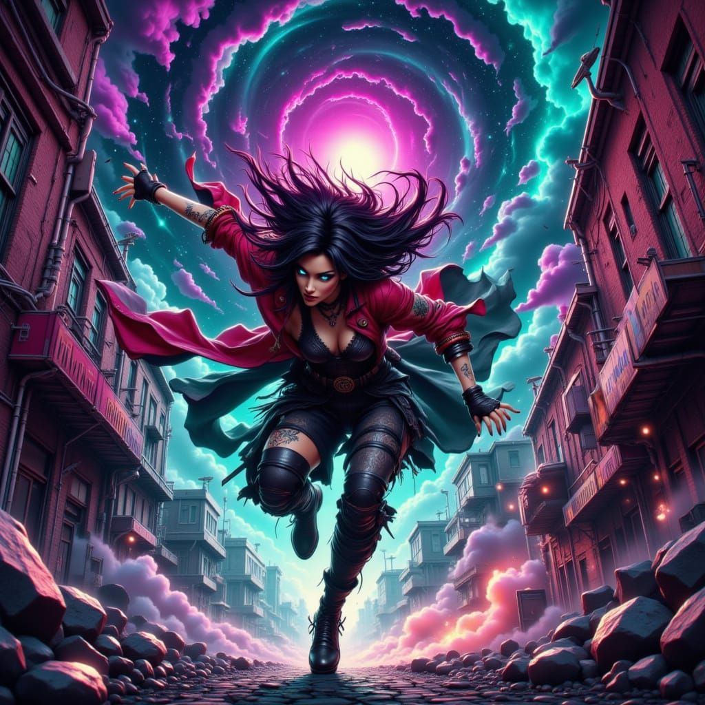 Dynamic Manga Fighter Dodging Projectiles in Dystopian Alley