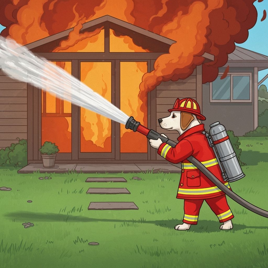 A dog dressed in a red firefighter's uniform using a hose to...