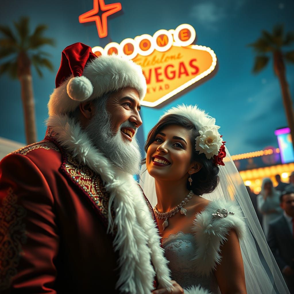 Santa in Vegas Wedding Attire, Surrounded by Elvis Glamour