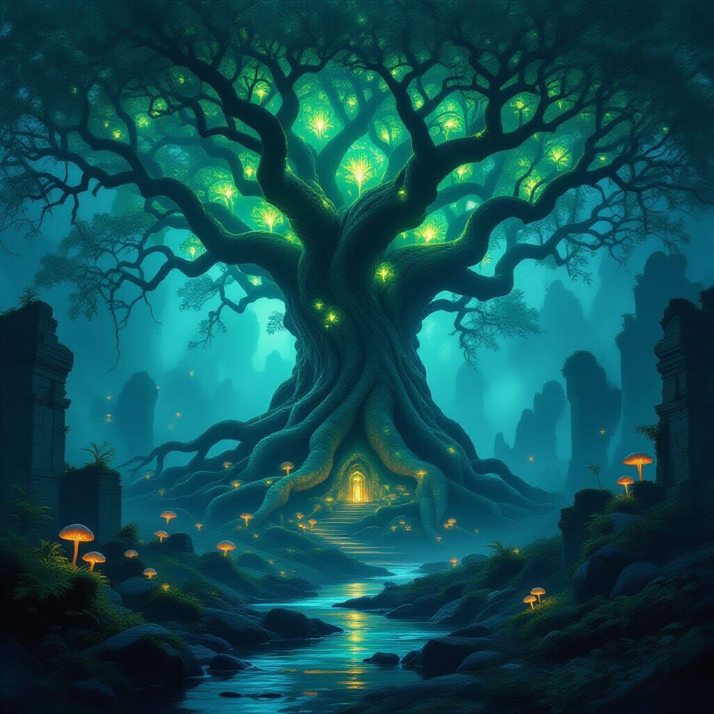 Ancient Bioluminescent Tree With Ruins in Ethereal Forest
