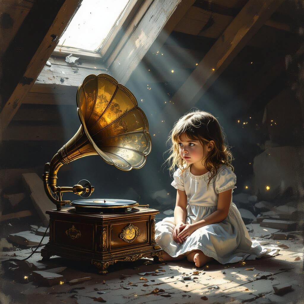 Girl in Dusty Attic with Ornate Gramophone