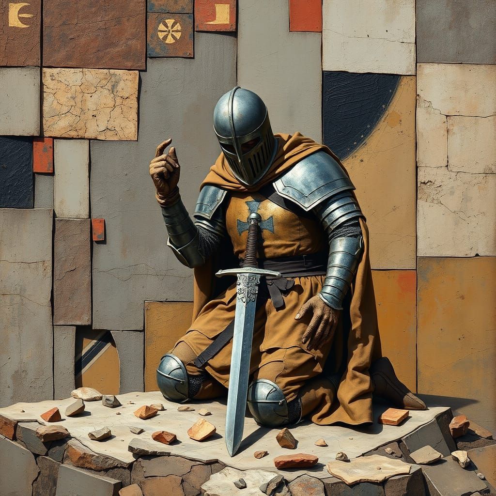 Contemplative Templar Knight in Cubist Style