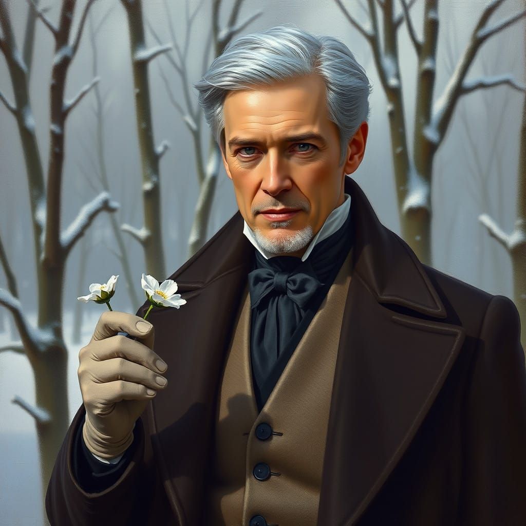 Refined Gentleman with Silver Hair and Snow-Kissed Flower in...