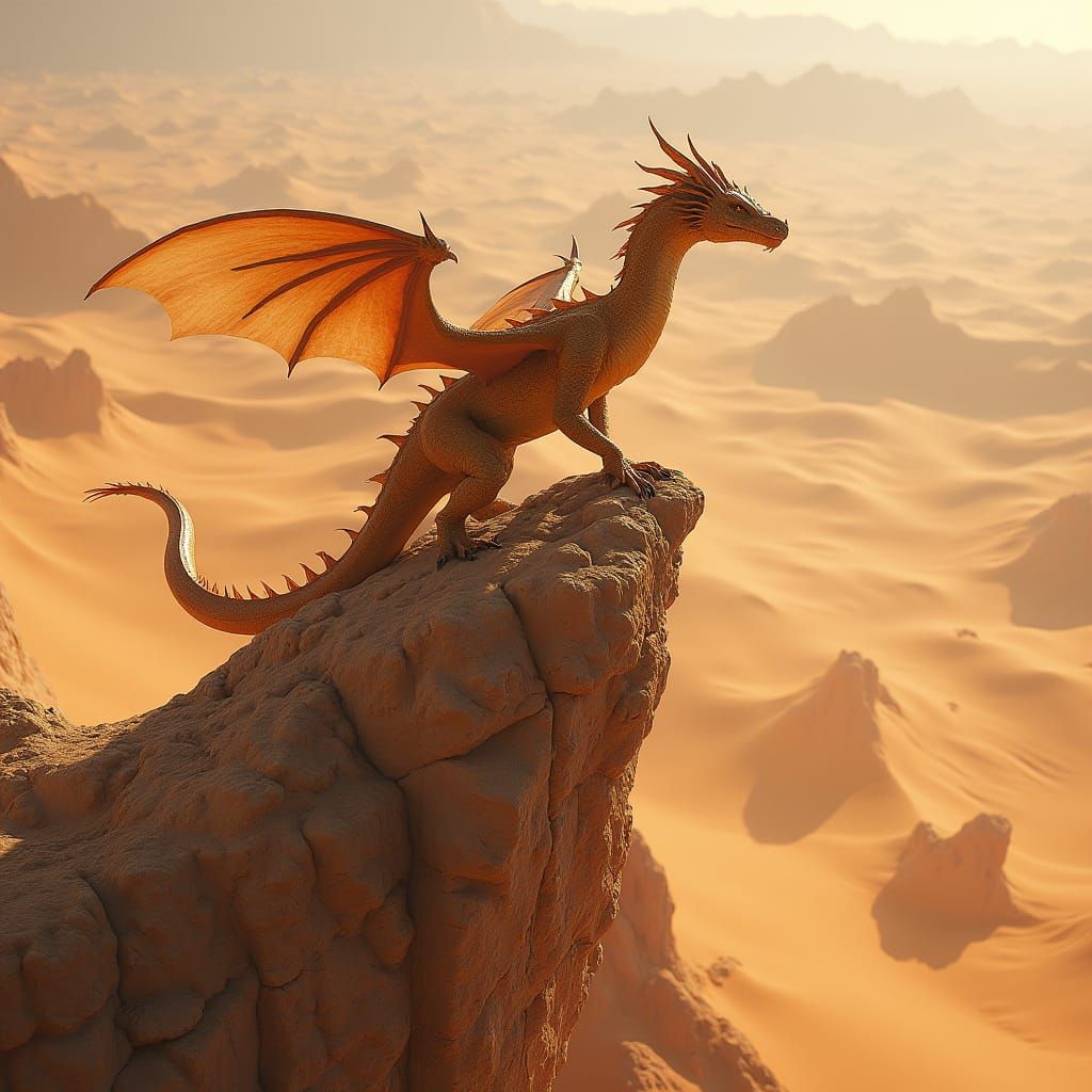 Ethereal Desert Dragon Perched on Rocky Spire