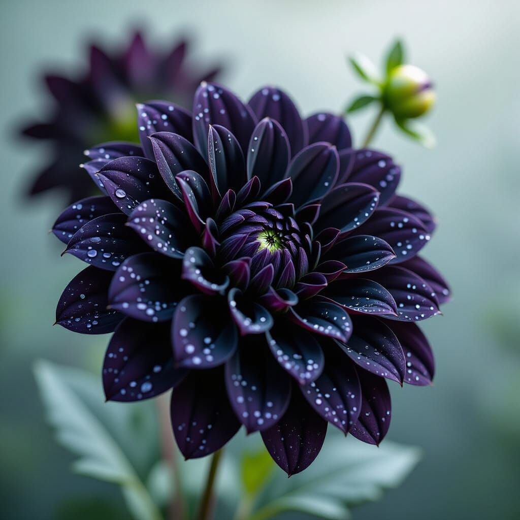 Velvety Black Dahlia Petals with Glistening Dew