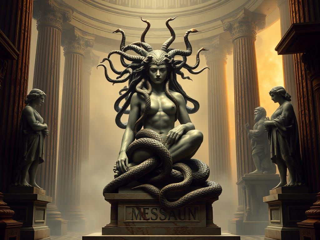 Medusa in Athena's Temple: A Dark Surrealist Vision