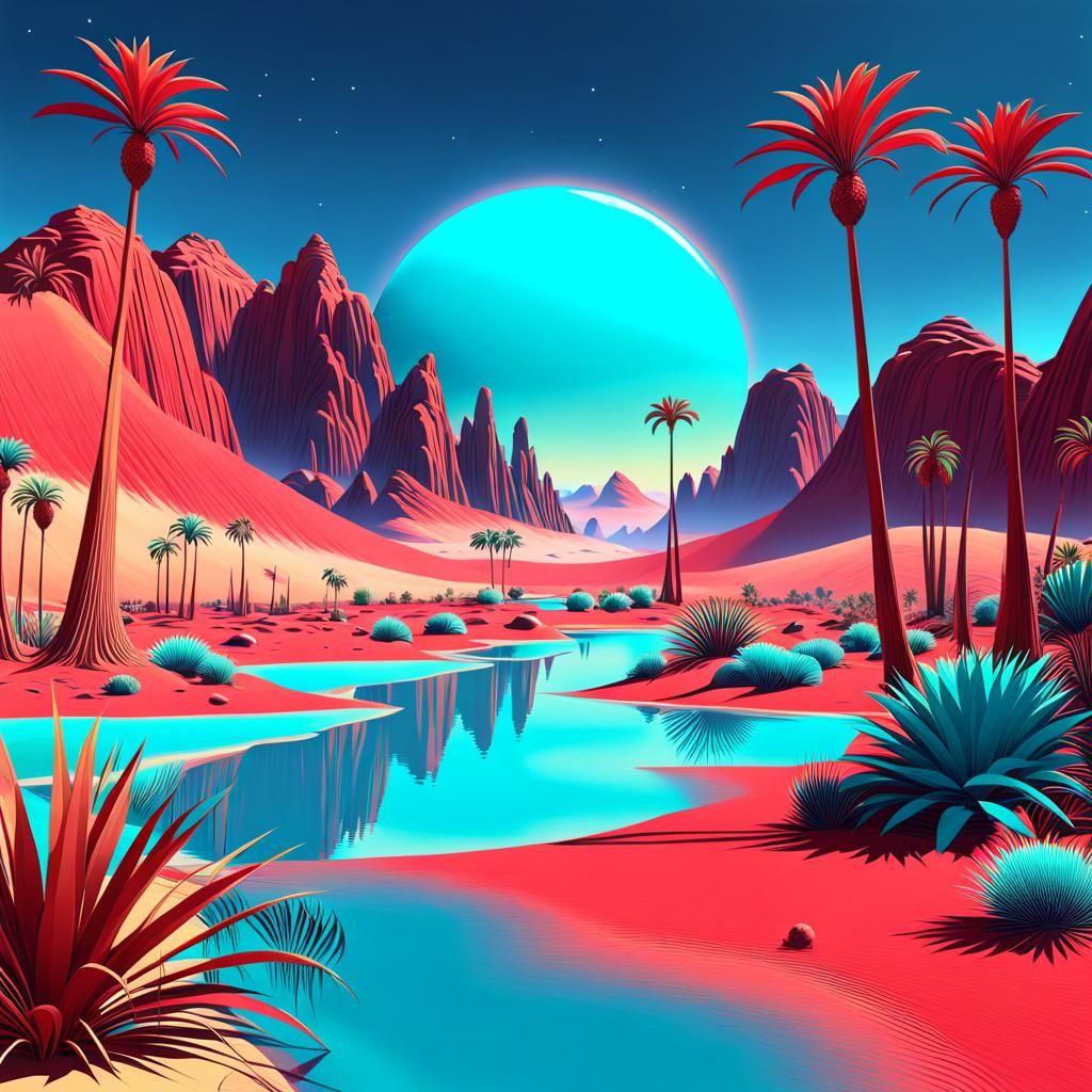 Alien Planet with Red Desert and Teal Oasis