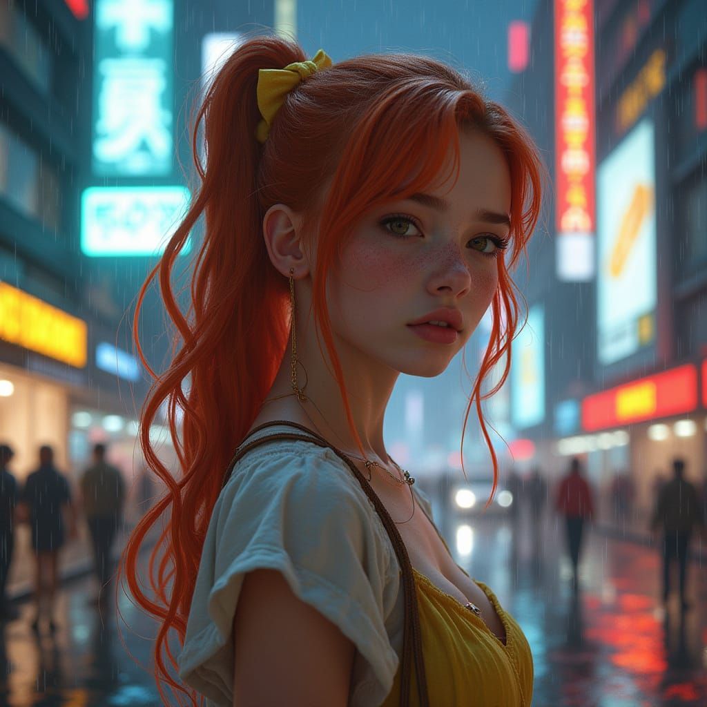 Cyberpunk Girl in Noir Style Cityscape