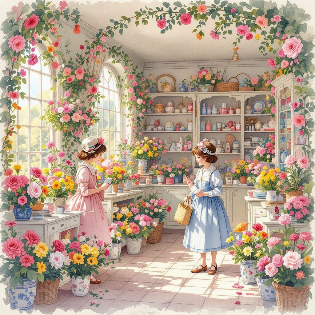 Charming Vintage Flower Shop in Watercolor Style