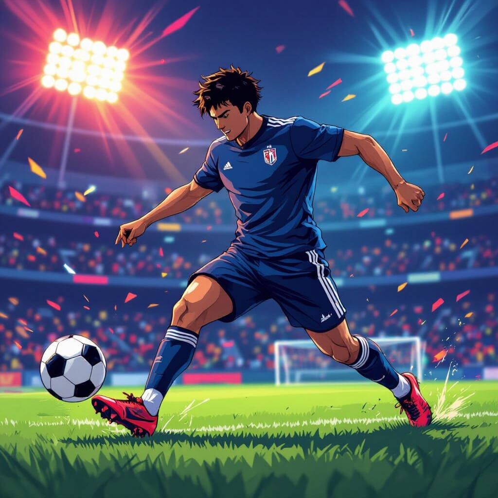 Soccer Player Kicking Ball in Dynamic Anime Style