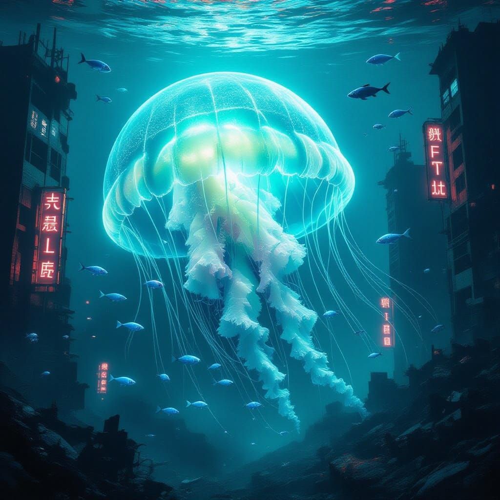 Ethereal Bioluminescent Jellyfish Illuminates Submerged Cybe...