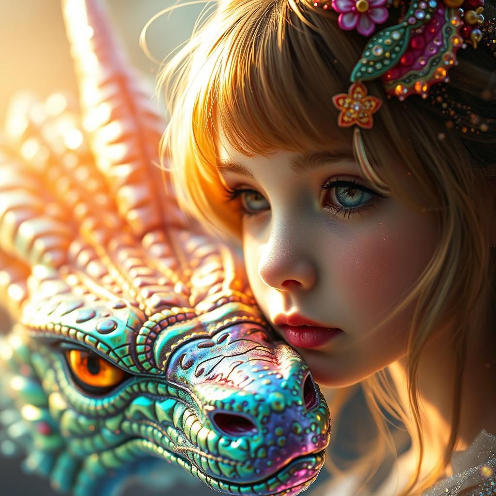 Iridescent Girl and Rainbow Dragon in Magical Realism