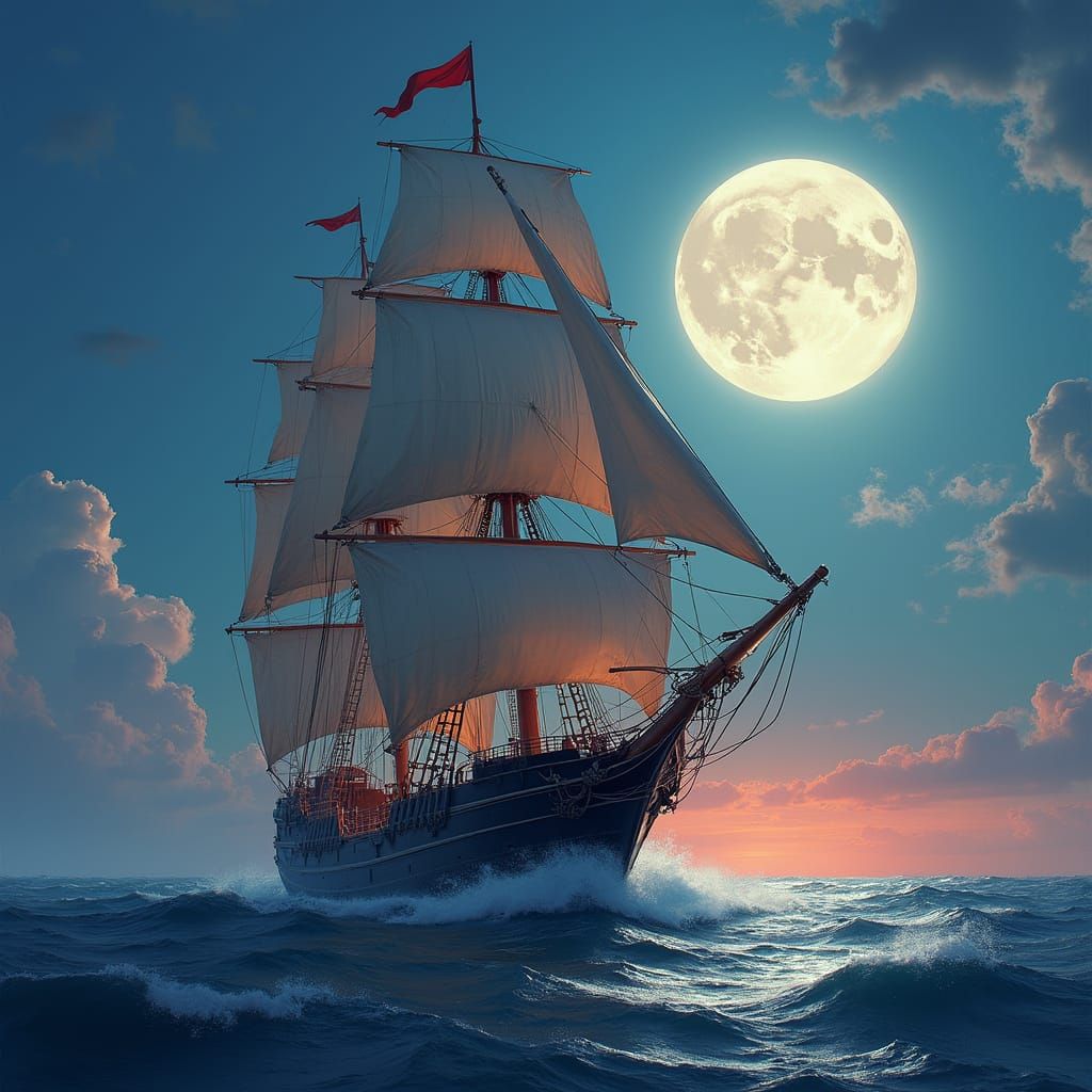 Majestic Sail Ship Under Full Moon, Dreamy Art