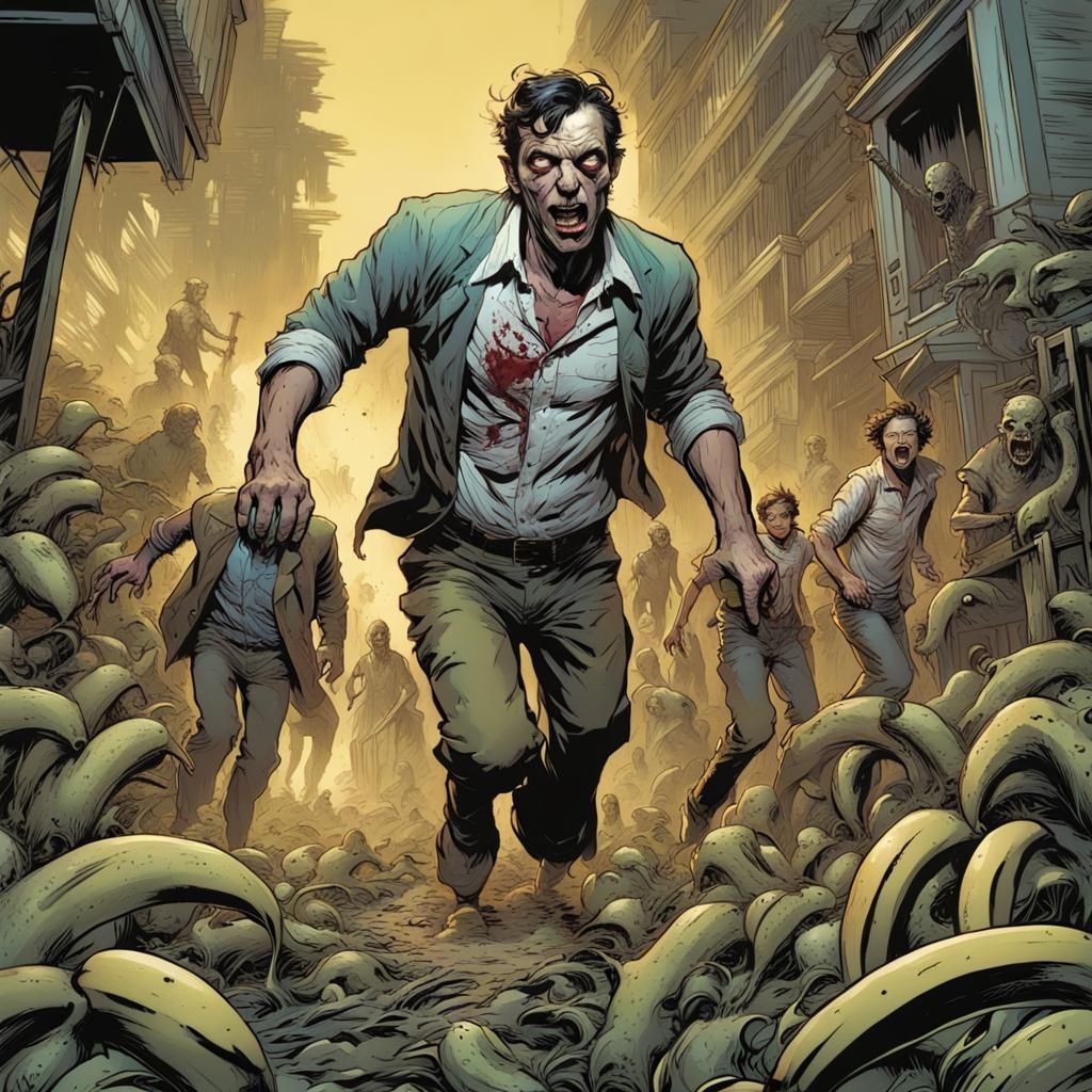 Rotting Zombie Bananas Chase: Comic Book Art