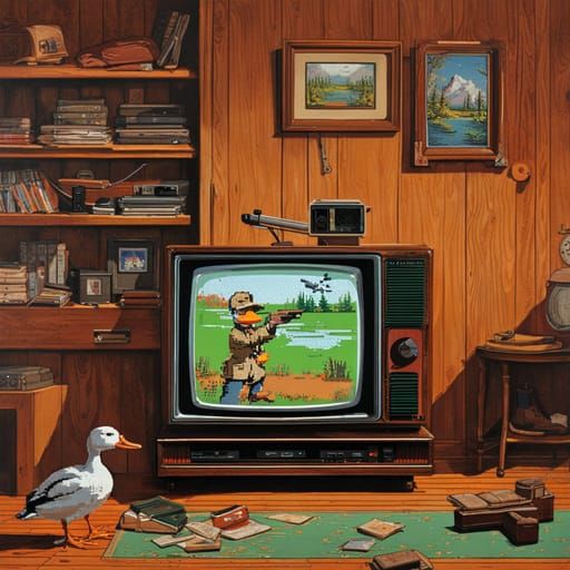 Duck Hunt on 80s TV in Rockwell Style