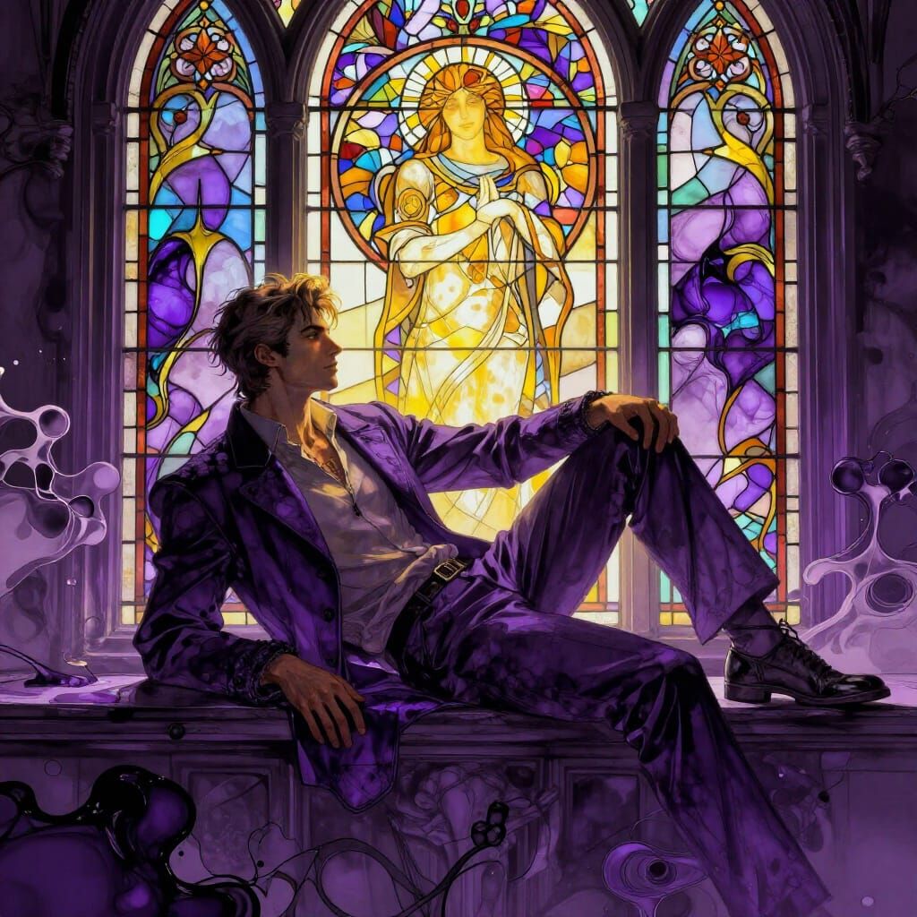 Dashing Man by Stained Glass Window in Alcohol Ink Style