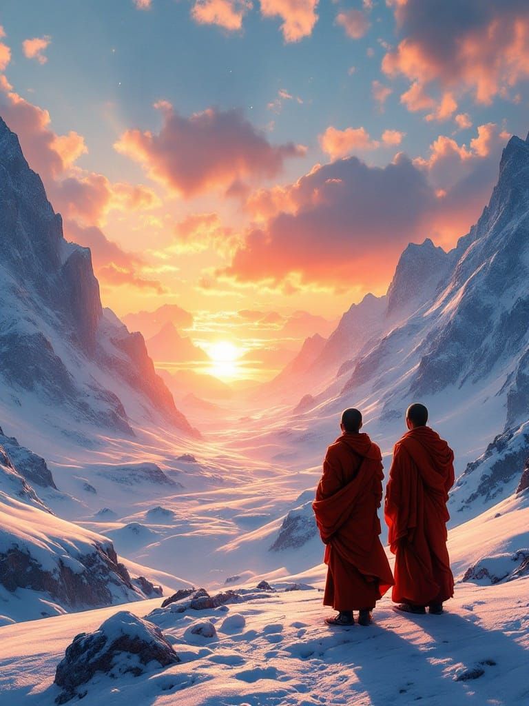 Buddhist Monks Gaze at Sunrise in Digital Landscape