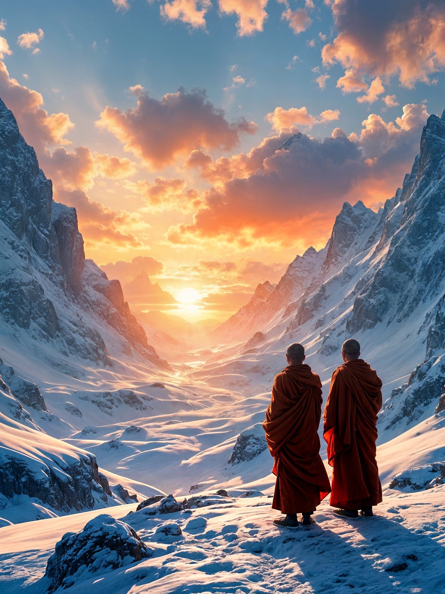Himalayan Sunrise: Monks Gaze at Dawn