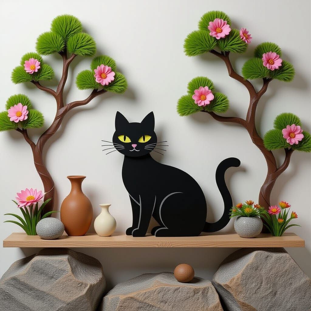 Flat Design Cat Silhouette with Felt and Wood Textures
