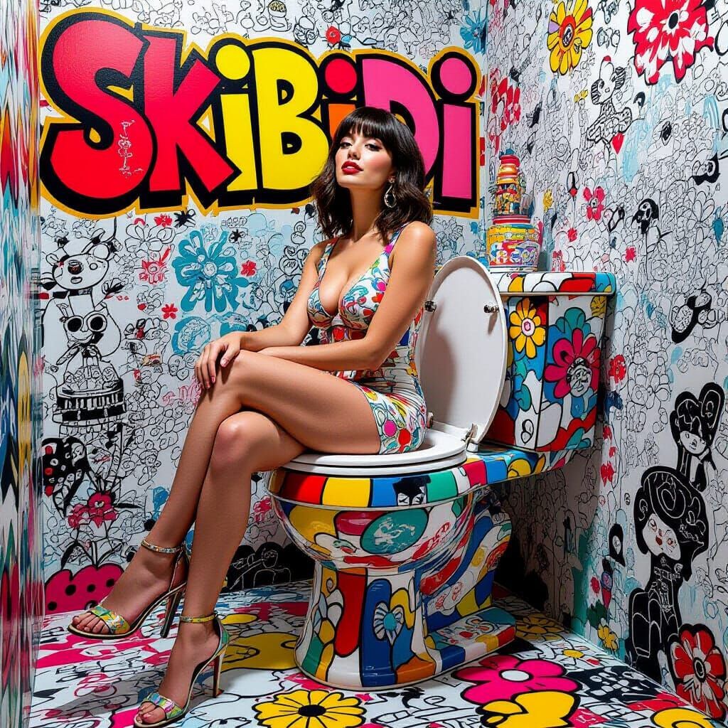 Whimsical Woman on Toilet with Graffiti Art