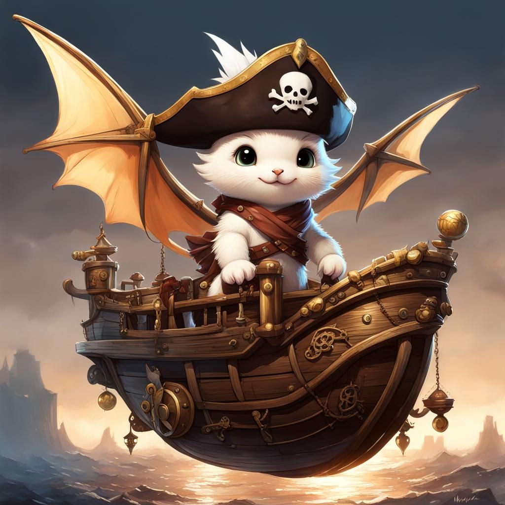 Chibi Dragon Pirate on Ship, Detailed Digital Art