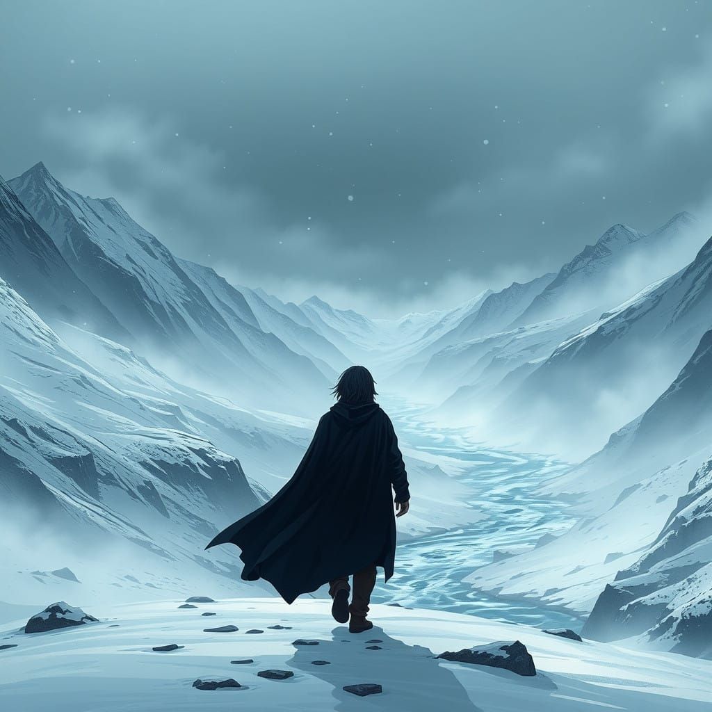 Brooding Figure Walks Away from Valley in Deep Grey Skies