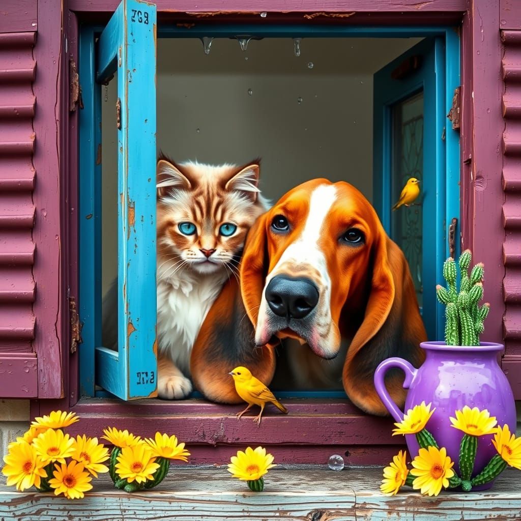 Cat and Dog Embrace with Cactus Flowers