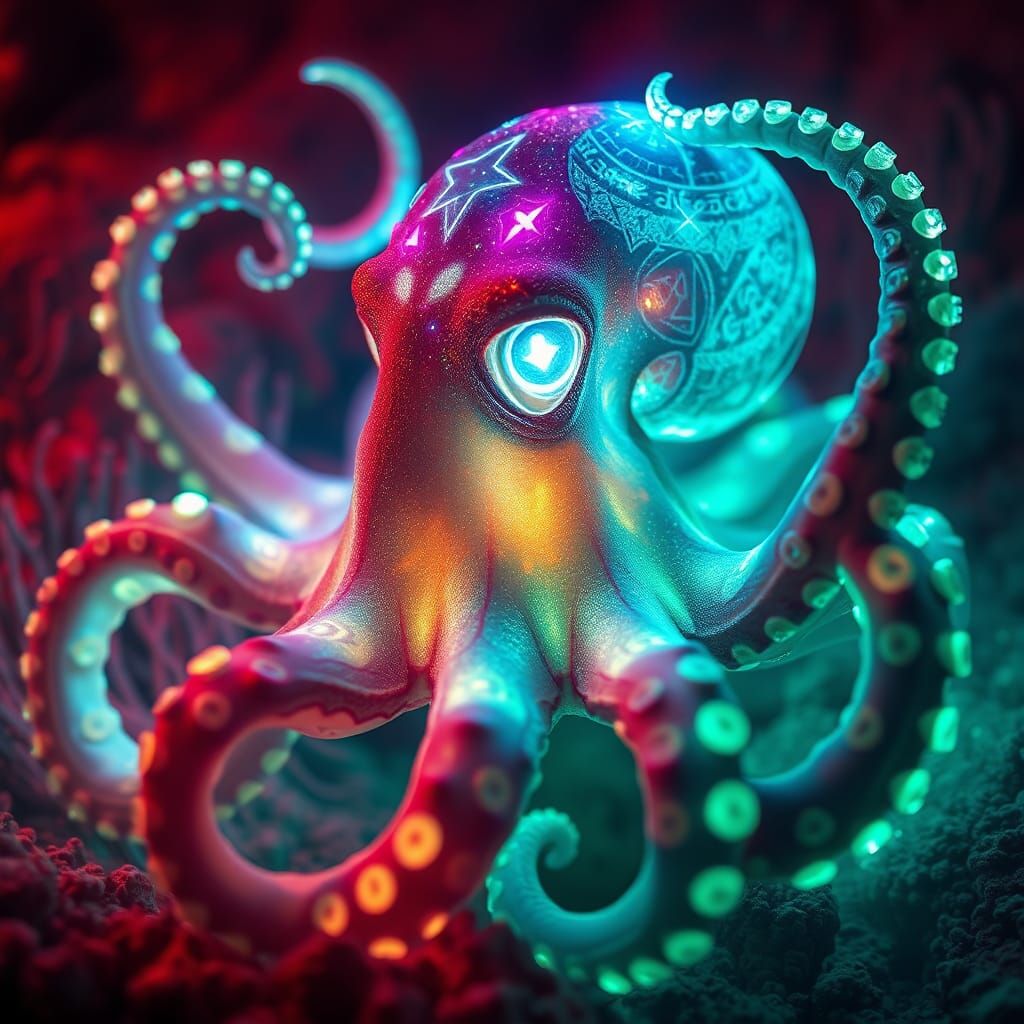 Prismatic Octopus Etched in Light and Runes