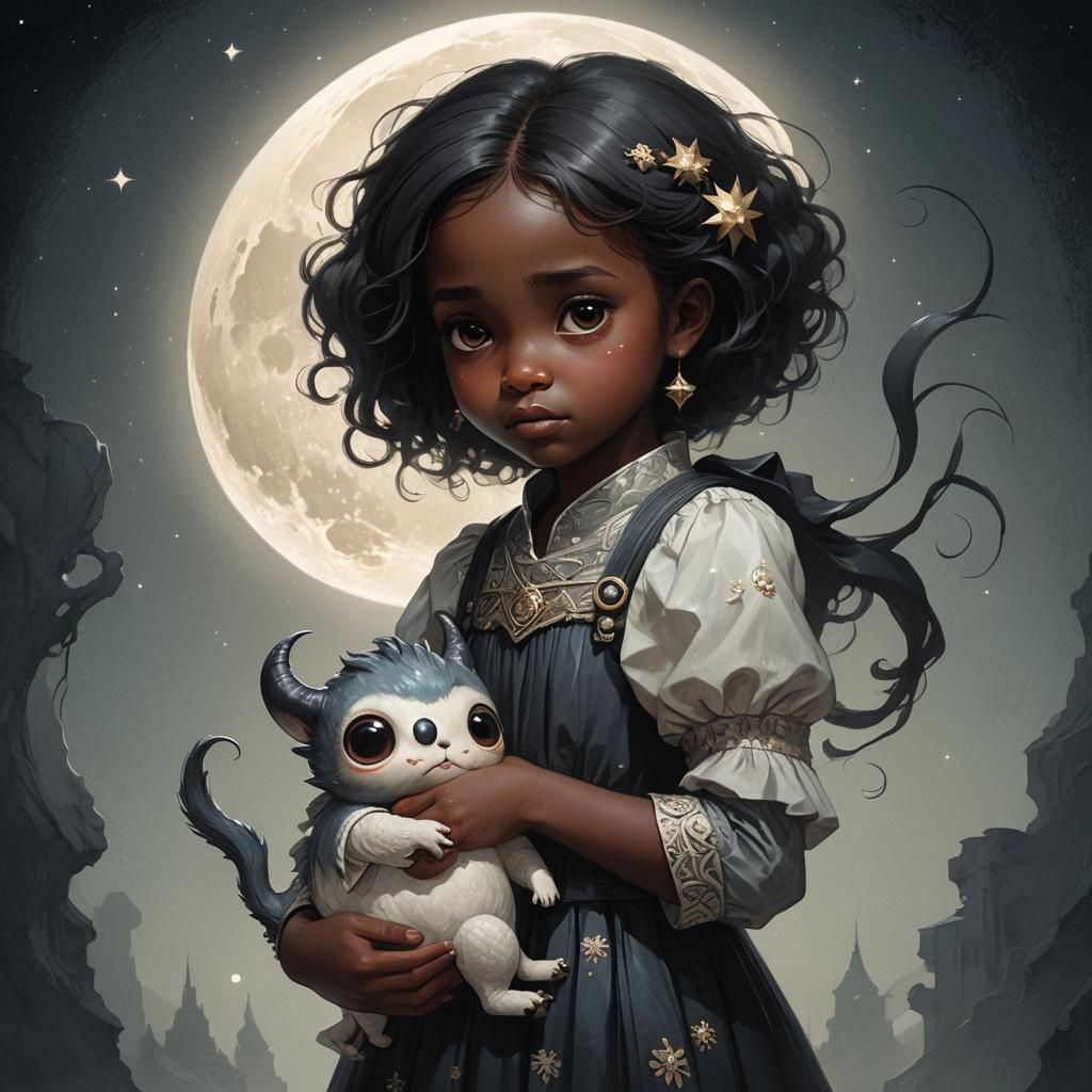 Worried Girl with Chibi Monster in Moonlight