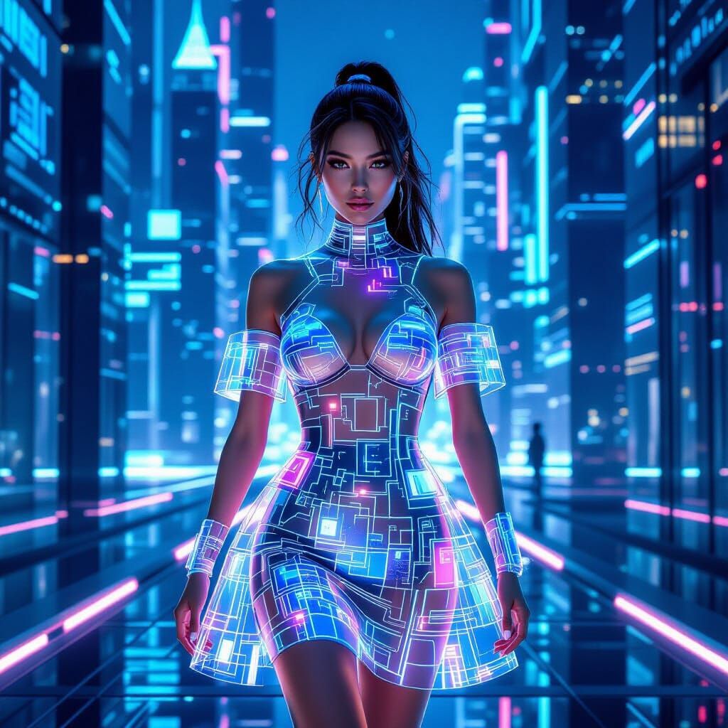 Futuristic Woman in Holographic Glass Dress