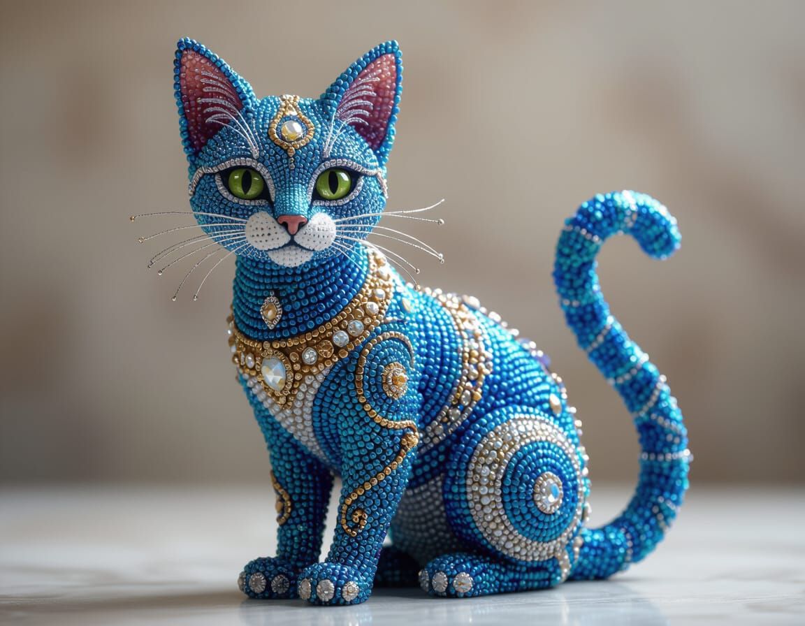 Beaded Cat Sculpture: Intricate 3D Art