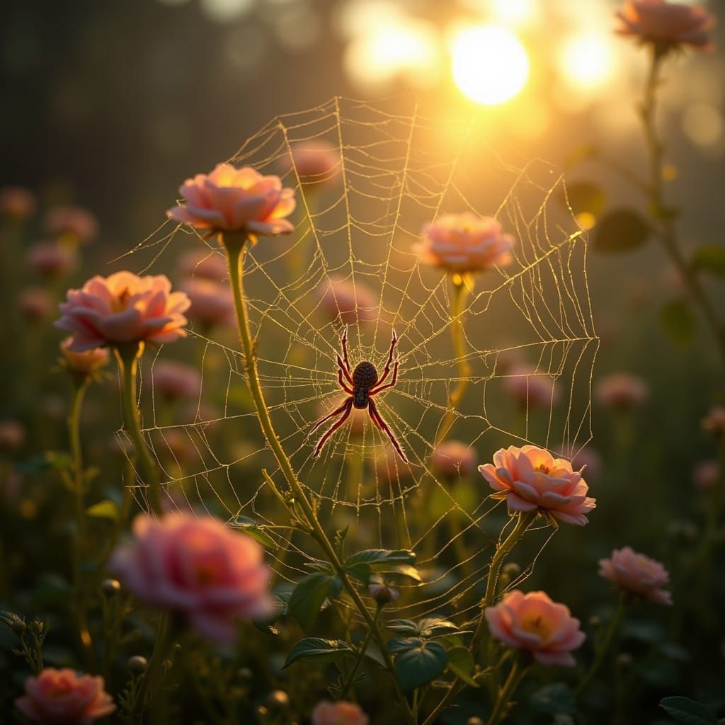 Glowing Spiderweb Between Blooming Roses