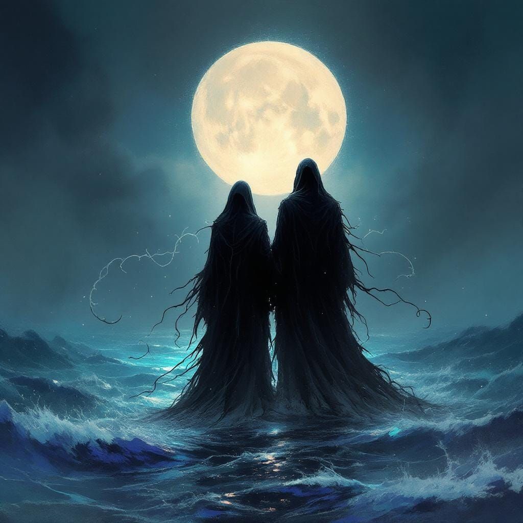 Eerie Figures on Moonlit Sea in Dark Fantasy Style