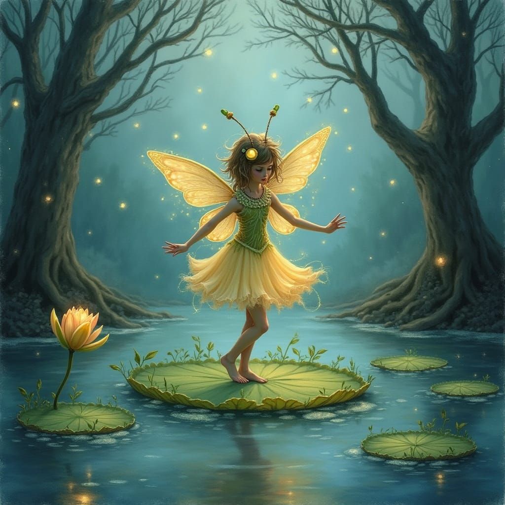 Enchanted Sprite Dances on Lily Pad in Misty Pond