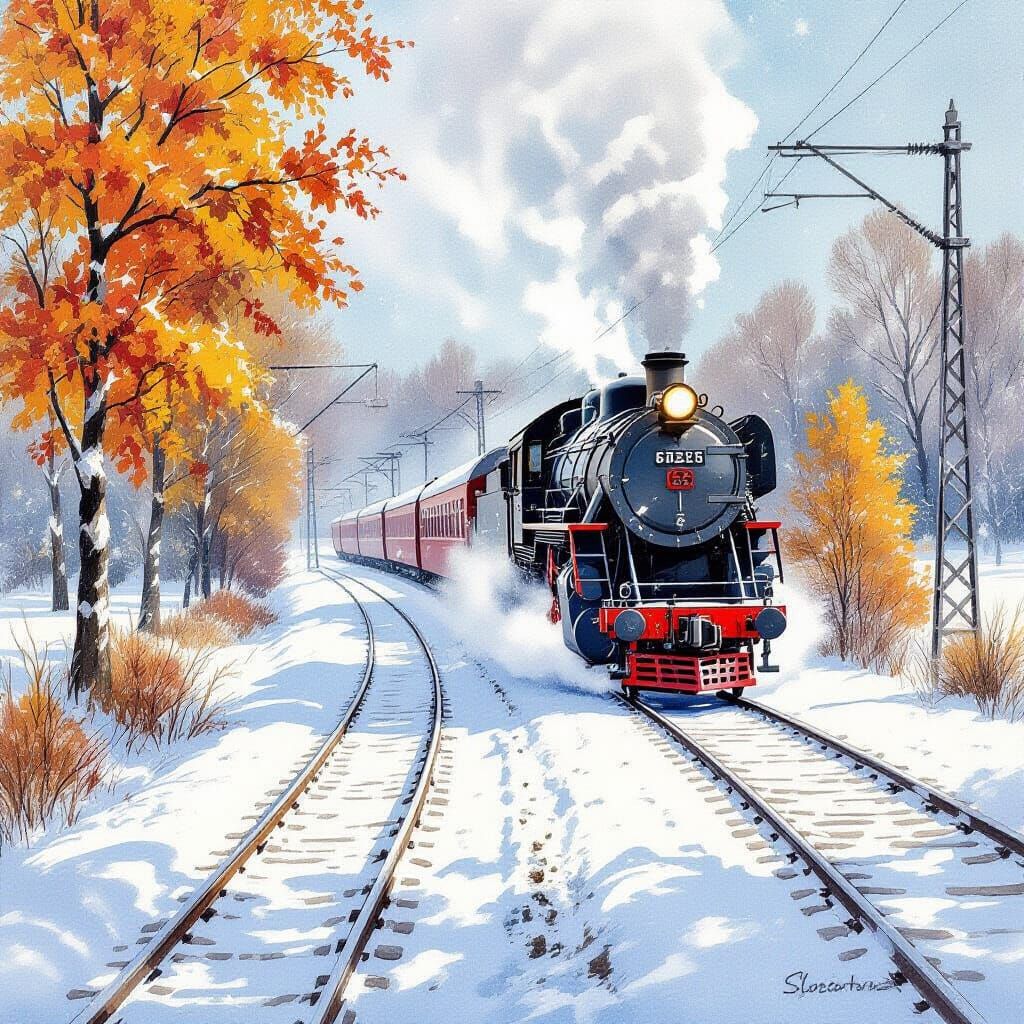 Old Train on Snowy Autumn Tracks