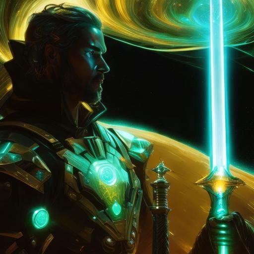 Futuristic Space Adventurer with Glowing Sword