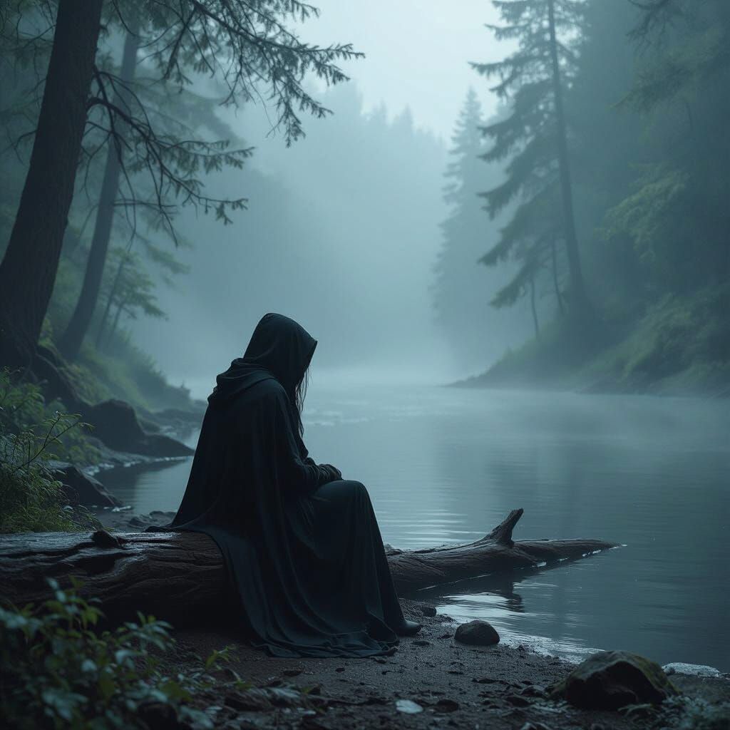 Mystical Forest River Scene in Somber Style