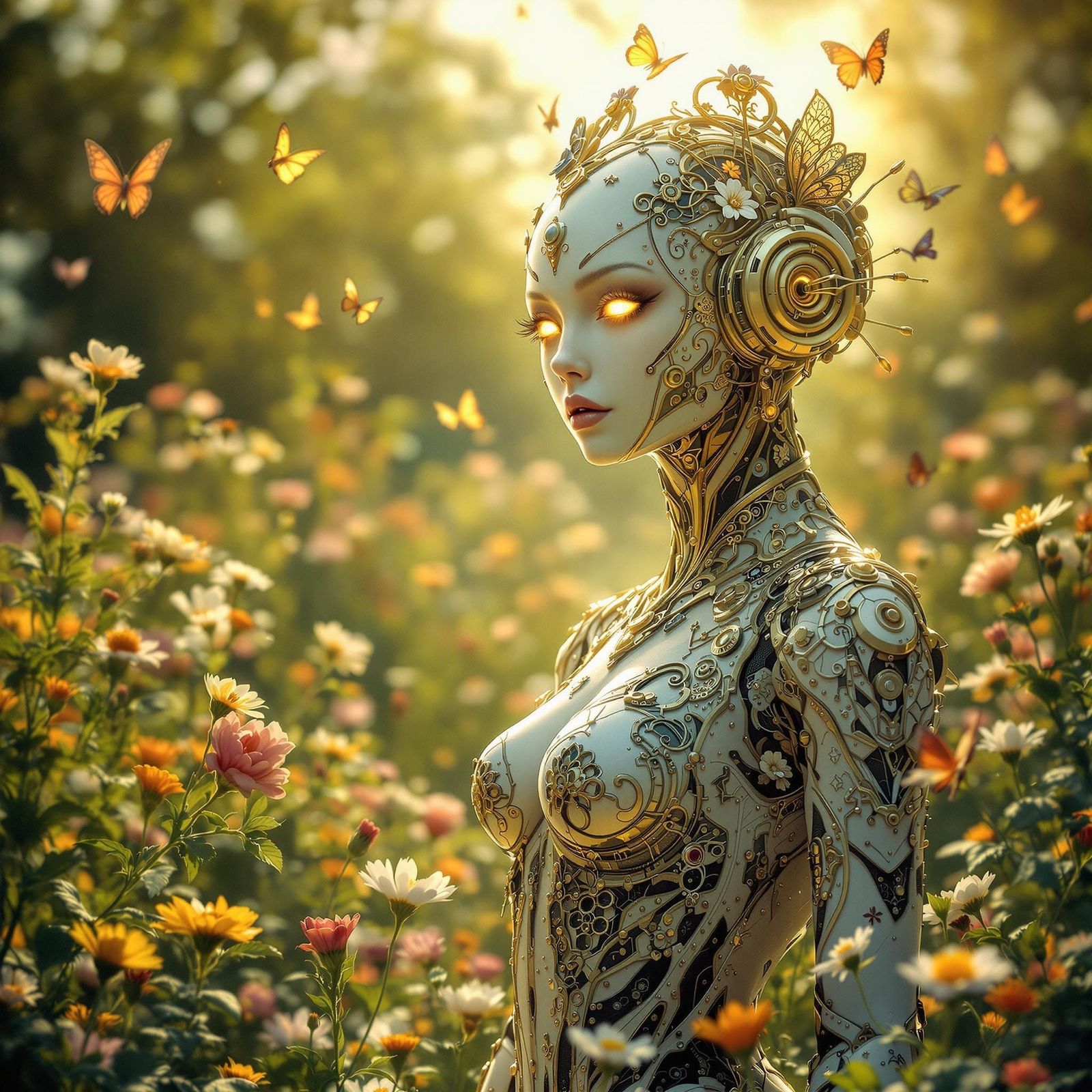 Art Nouveau Android in Floral Meadow
