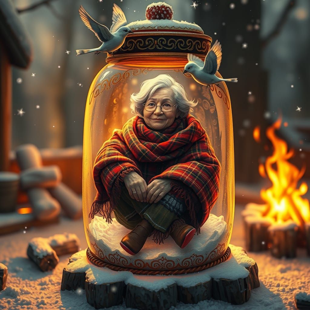 Whimsical Winter Wonderland Scene with Elderly Woman and Sno...