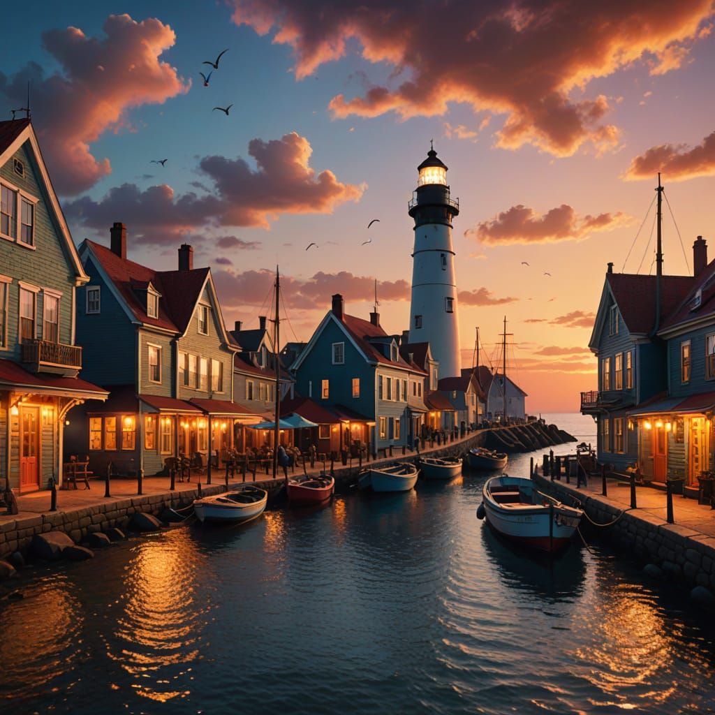 Coastal Town with Lighthouse in Digital Painting