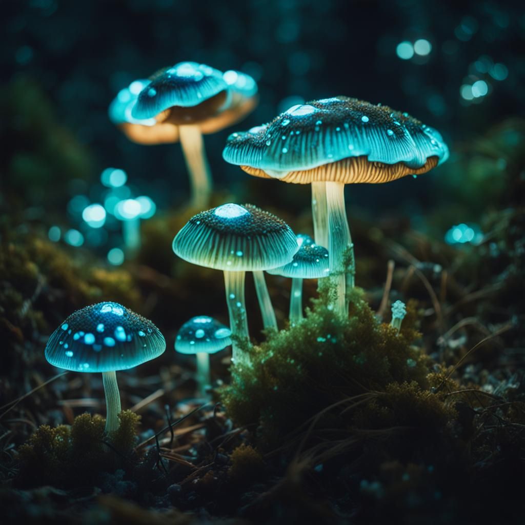 Bioluminescent Crystal Mushrooms: A Cinematic Still