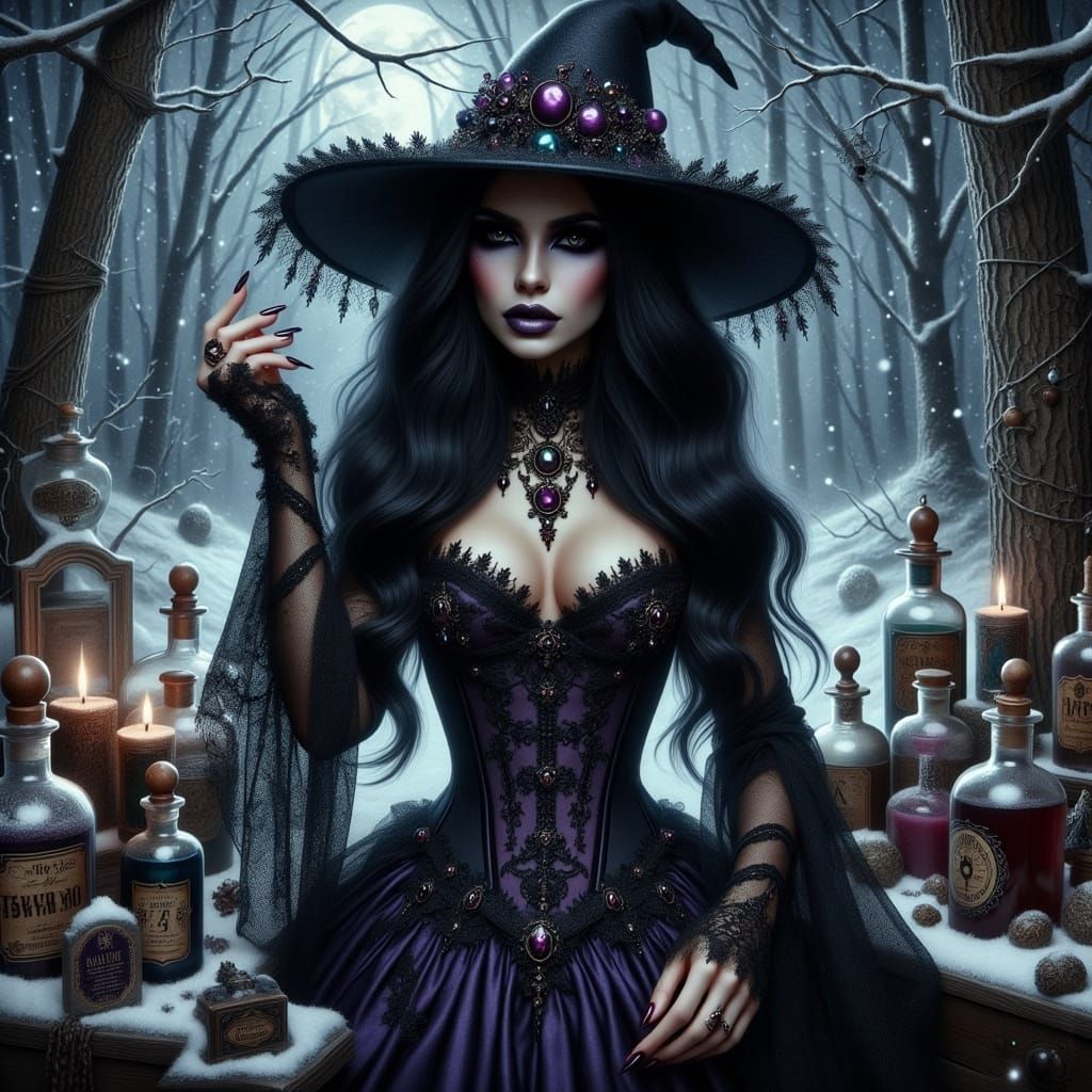 Goth Witch in Moonlit Forest with Alchemical Bottles