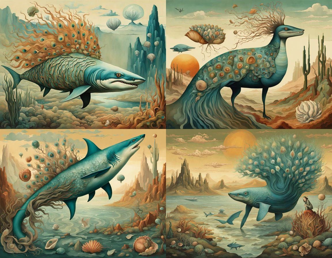 Surrealist Shark Peacock Chimera in Desert Landscape