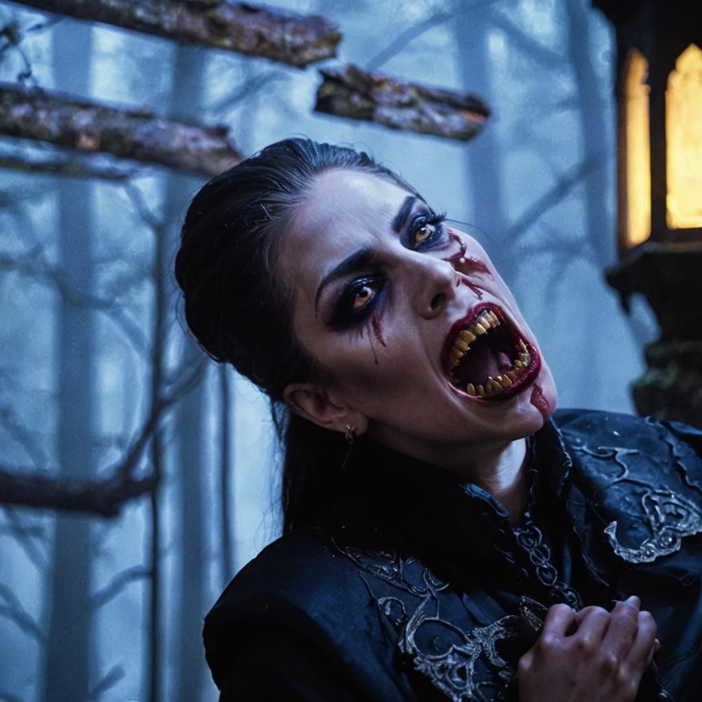 Vampire Snarling in Dark Forest: Gothic Portrait
