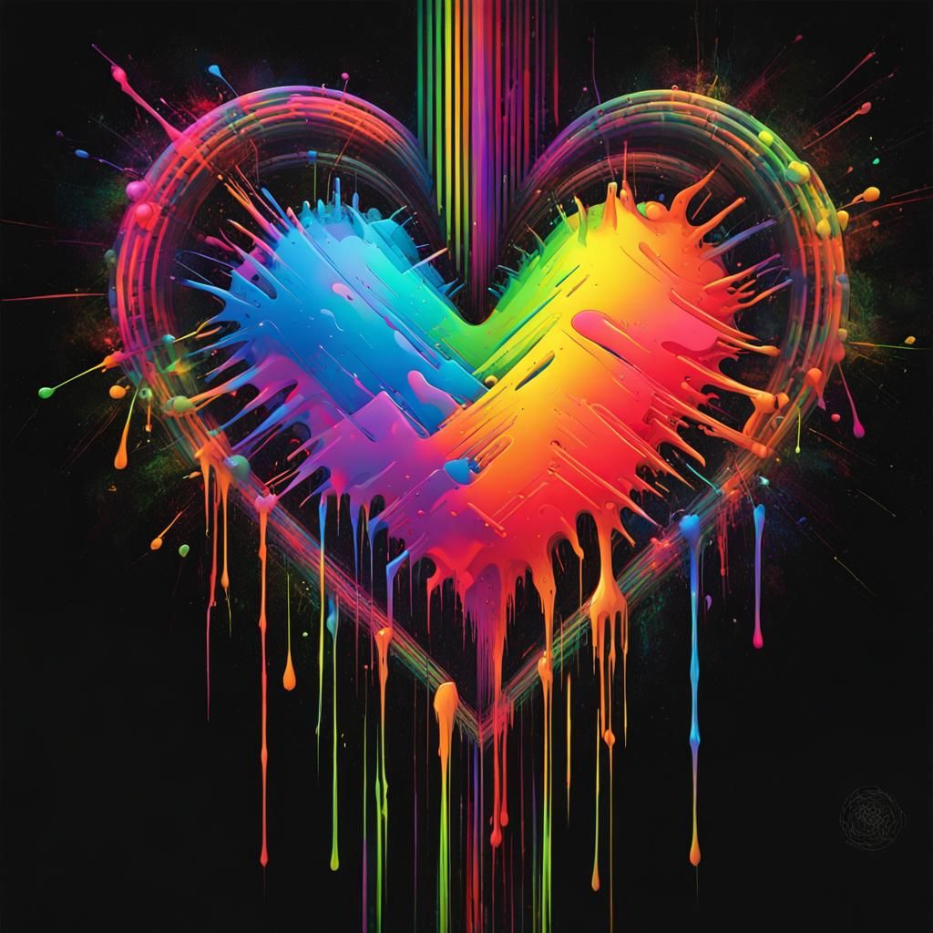 Abstract Rainbow Heart with Neon Lasers in Graffiti Style