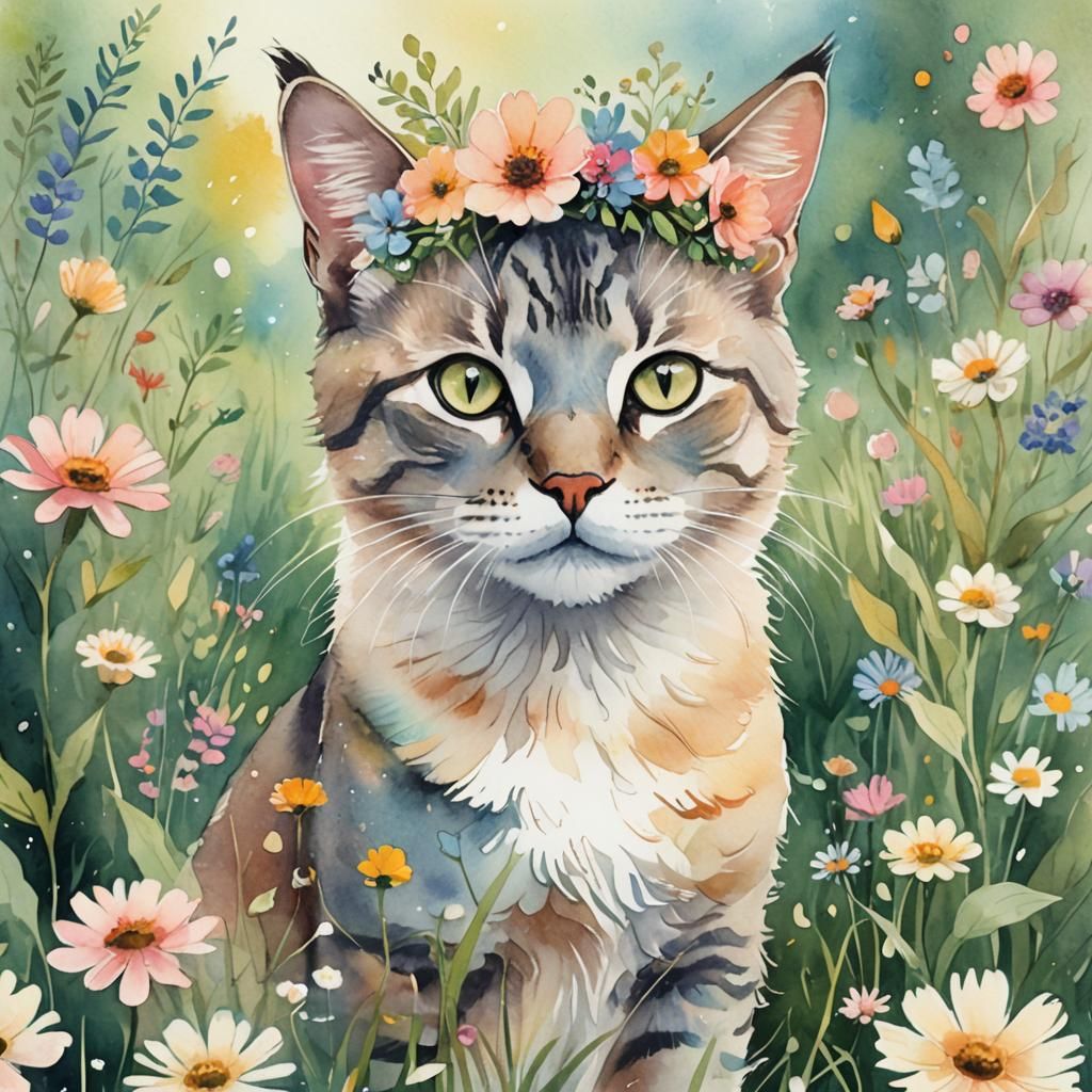 Charming Cat Portrait with Flower Crown in Watercolor Style
